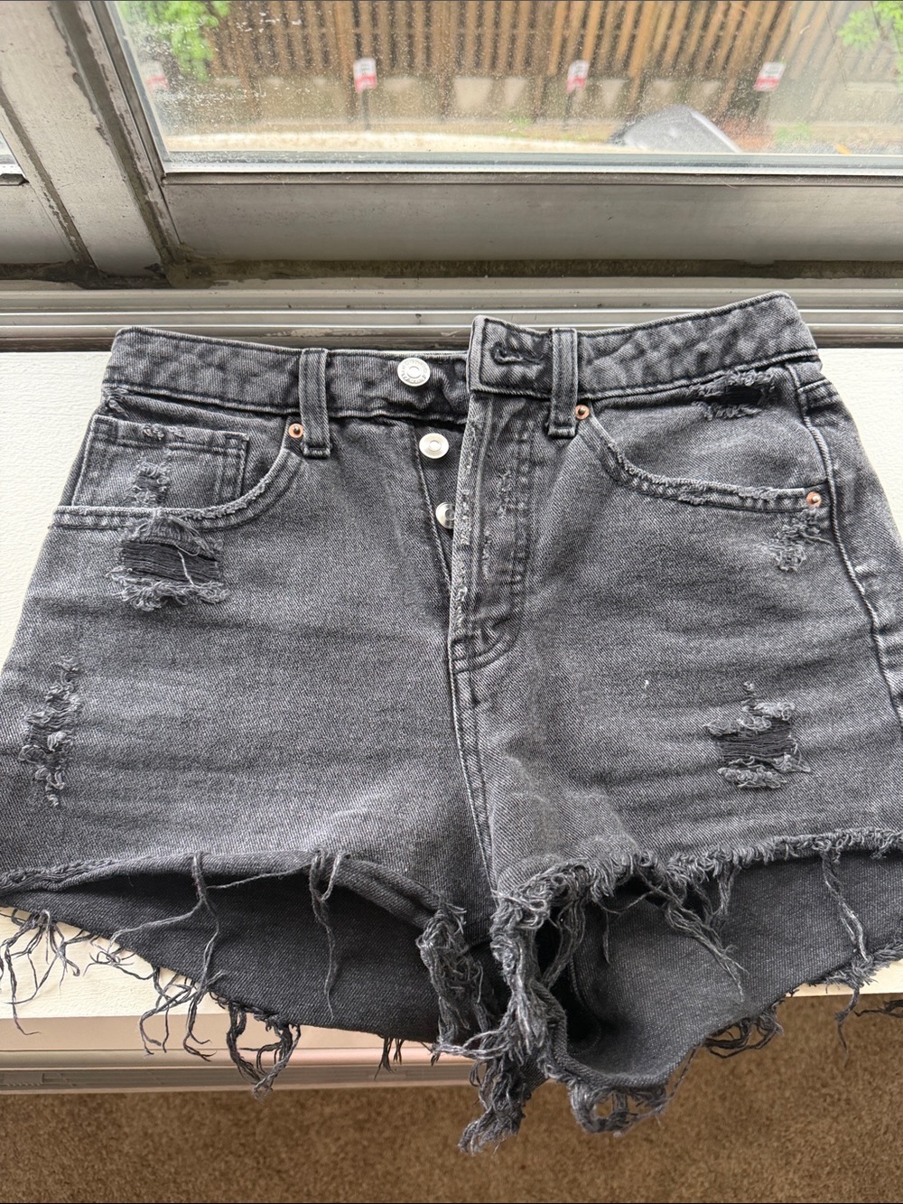 High-Rise Distressed Black Denim Shorts